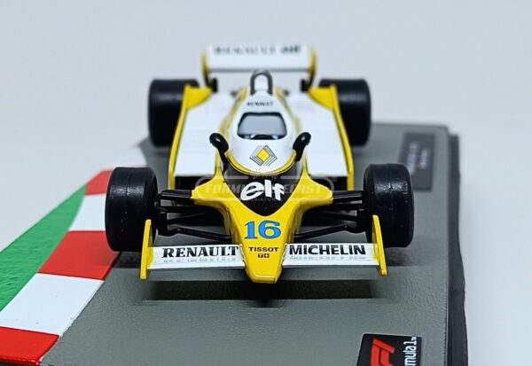 Miniatura de carro Renault RS10 #16 pilotado por René Arnoux na temporada F1 1979, escala 1:43, marca Altaya