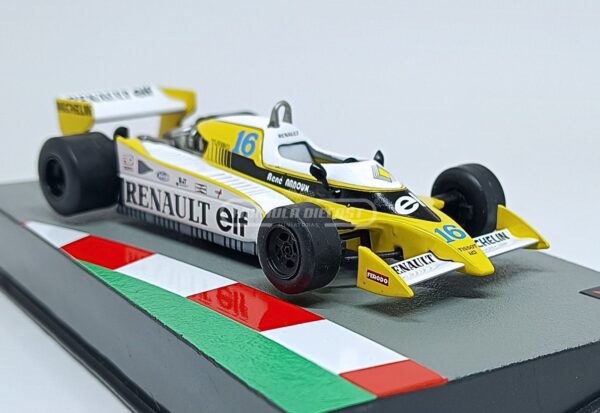 Miniatura de carro Renault RS10 #16 pilotado por René Arnoux na temporada F1 1979, escala 1:43, marca Altaya