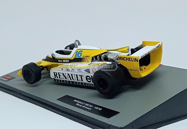 Miniatura de carro Renault RS10 #16 pilotado por René Arnoux na temporada F1 1979, escala 1:43, marca Altaya