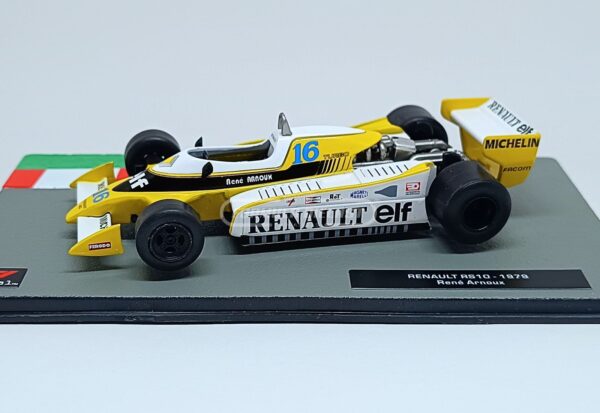 Miniatura de carro Renault RS10 #16 pilotado por René Arnoux na temporada F1 1979, escala 1:43, marca Altaya