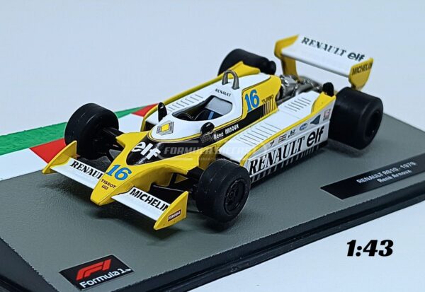 Miniatura de carro Renault RS10 #16 pilotado por René Arnoux na temporada F1 1979, escala 1:43, marca Altaya