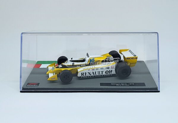 Miniatura de carro Renault RS10 #16 pilotado por René Arnoux na temporada F1 1979, escala 1:43, marca Altaya