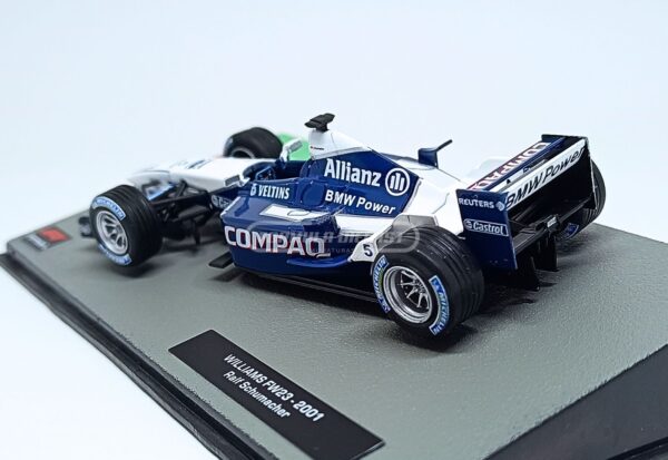 Miniatura de carro Williams-BMW FW23 #5 pilotado por Ralf Schumacher na temporada F1 2001, escala 1:43, marca Altaya