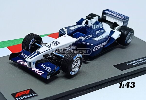 Miniatura de carro Williams-BMW FW23 #5 pilotado por Ralf Schumacher na temporada F1 2001, escala 1:43, marca Altaya