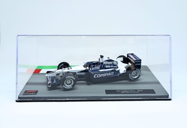 Miniatura de carro Williams-BMW FW23 #5 pilotado por Ralf Schumacher na temporada F1 2001, escala 1:43, marca Altaya