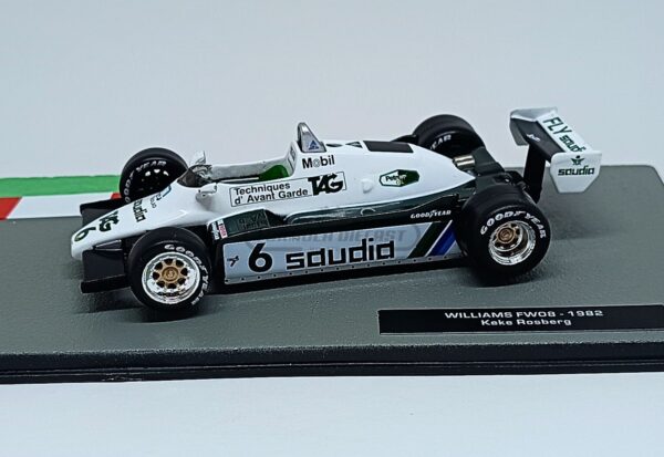 Miniatura de carro Williams FW08 #6 pilotado por Keke Rosberg, campeão mundial F1 1982, escala 1:43, marca Altaya