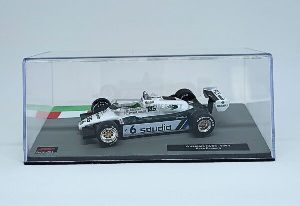 Miniatura de carro Williams FW08 #6 pilotado por Keke Rosberg, campeão mundial F1 1982, escala 1:43, marca Altaya
