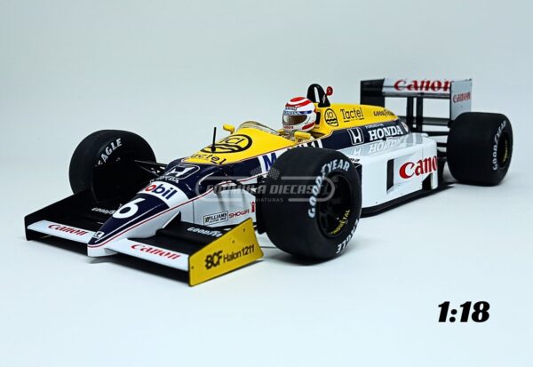 Miniatura de carro Williams FW11 #6 pilotado por Nelson Piquet, vencedor GP Brasil F1 1986, escala 1:18, marca MCG