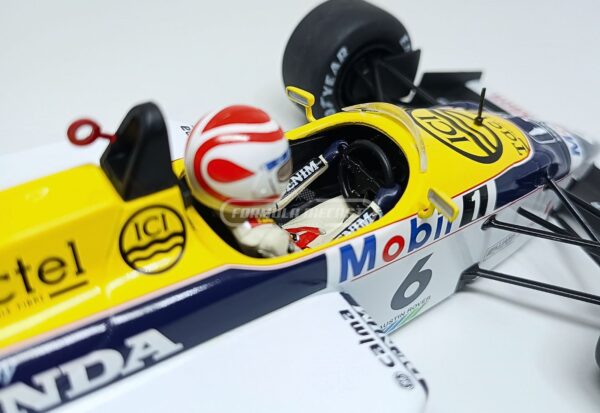 Miniatura de carro Williams FW11 #6 pilotado por Nelson Piquet, vencedor GP Brasil F1 1986, escala 1:18, marca MCG