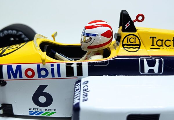 Miniatura de carro Williams FW11 #6 pilotado por Nelson Piquet, vencedor GP Brasil F1 1986, escala 1:18, marca MCG