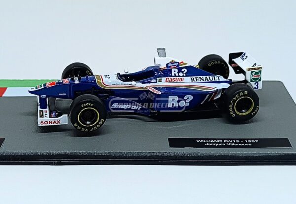 Miniatura de carro Williams FW19 #3 pilotado por Jacques Villeneuve, campeão mundial F1 1997, escala 1:43, marca Altaya