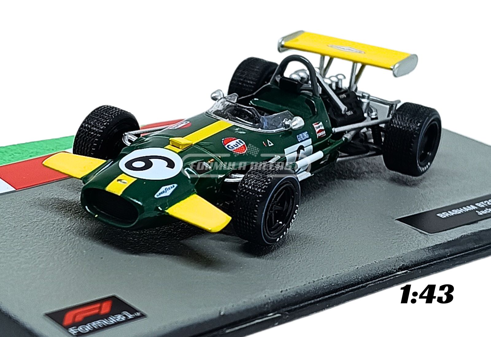 Miniatura de carro Brabham BT26A #6 pilotado por Jacky Ickx, temporada F1 1969, escala 1:43, marca Altaya
