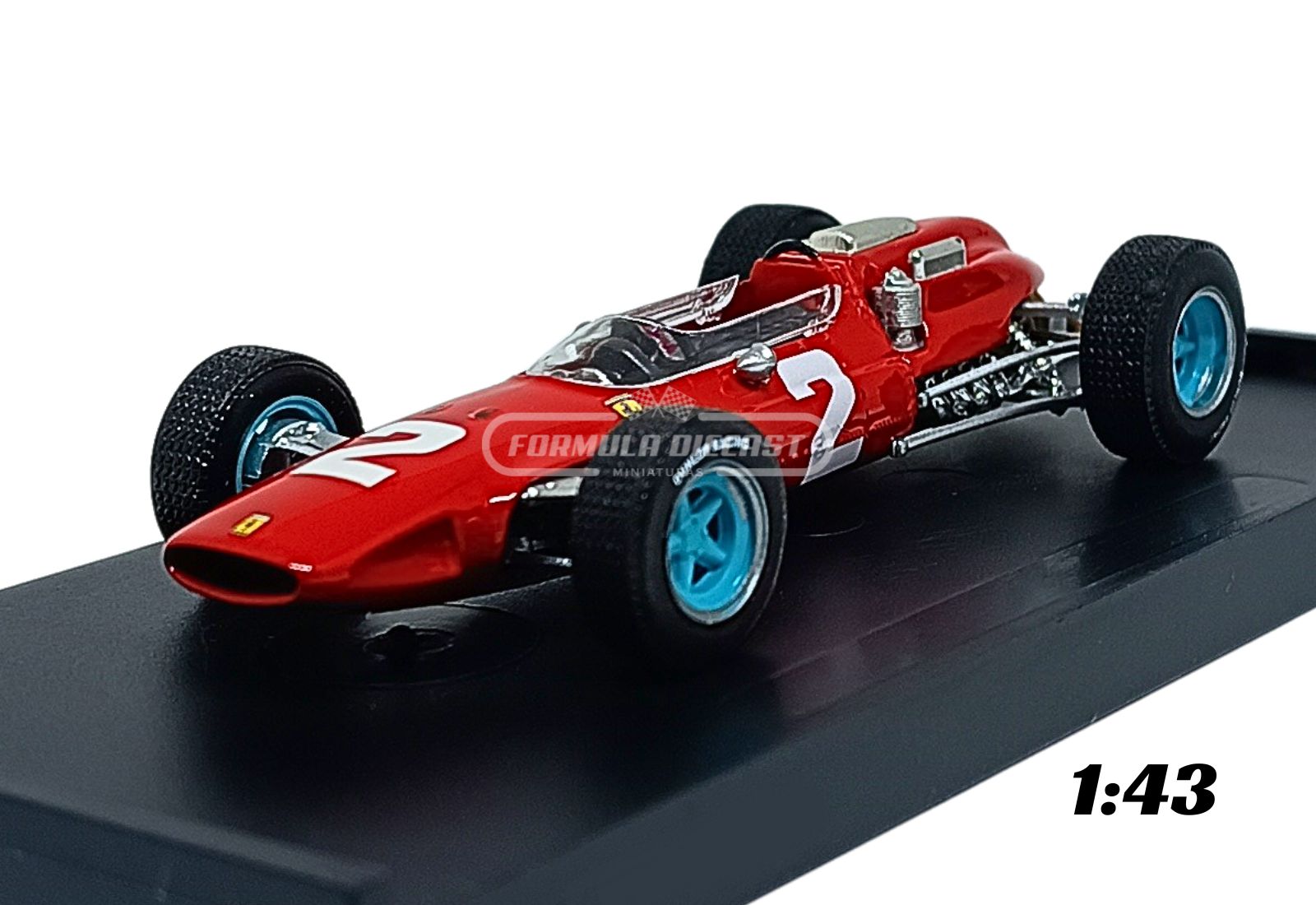 Miniatura de carro Ferrari 158 #2 pilotado por John Surtees, vencedor GP da Itália, campeão mundial F1 1964, escala 1:43, marca Brumm