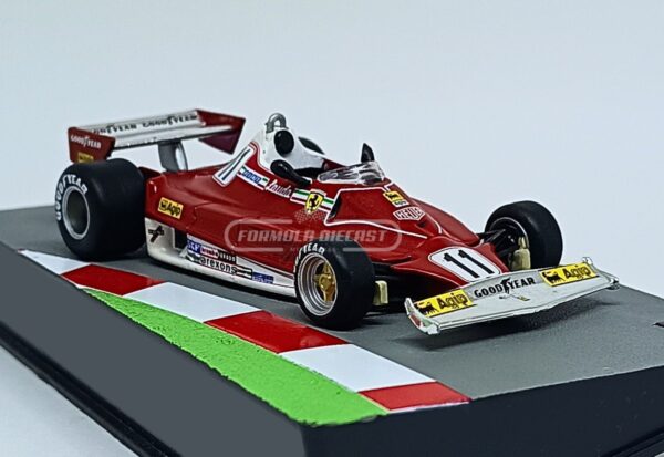 Miniatura de carro Ferrari 312T2 #11 pilotado por Niki Lauda no GP do Brasil, campeão mundial F1 1977, escala 1:43, marca Altaya