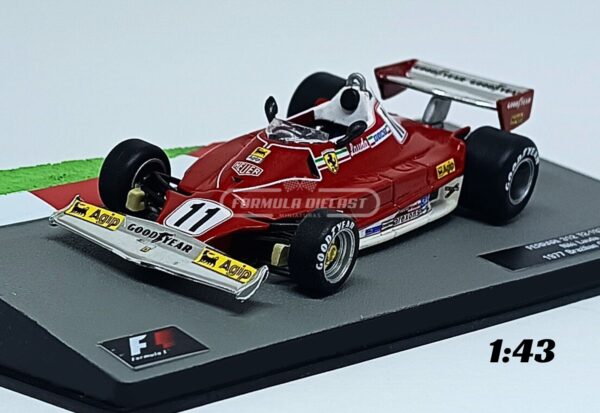 Miniatura de carro Ferrari 312T2 #11 pilotado por Niki Lauda no GP do Brasil, campeão mundial F1 1977, escala 1:43, marca Altaya