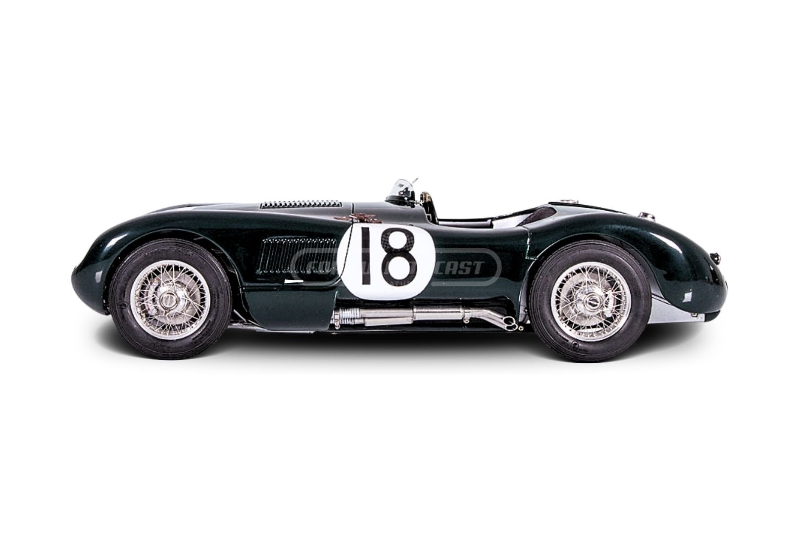 Miniatura de carro Jaguar XK120 C-Type #18 pilotado por Rolt e Hamilton, vencedor 24h Le Mans 1953, escala 1:43, marca Altaya
