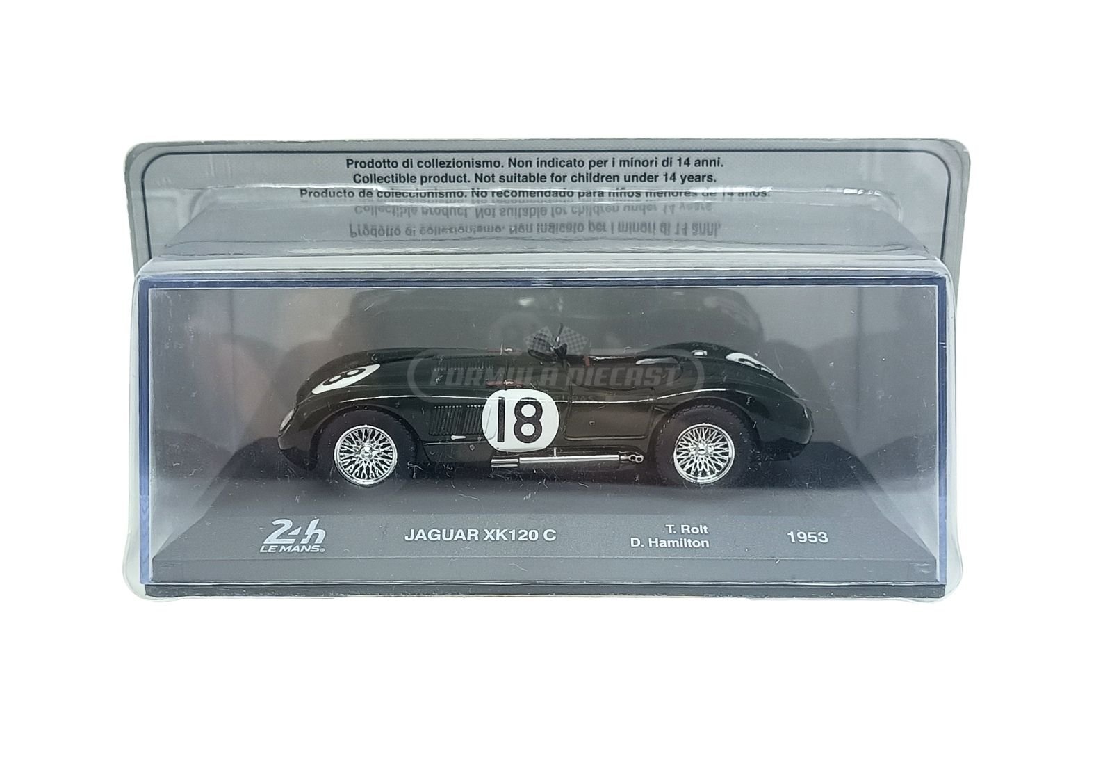 Miniatura de carro Jaguar XK120 C-Type #18 pilotado por Rolt e Hamilton, vencedor 24h Le Mans 1953, escala 1:43, marca Altaya