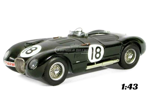 Miniatura de carro Jaguar XK120 C-Type #18 pilotado por Rolt e Hamilton, vencedor 24h Le Mans 1953, escala 1:43, marca Altaya