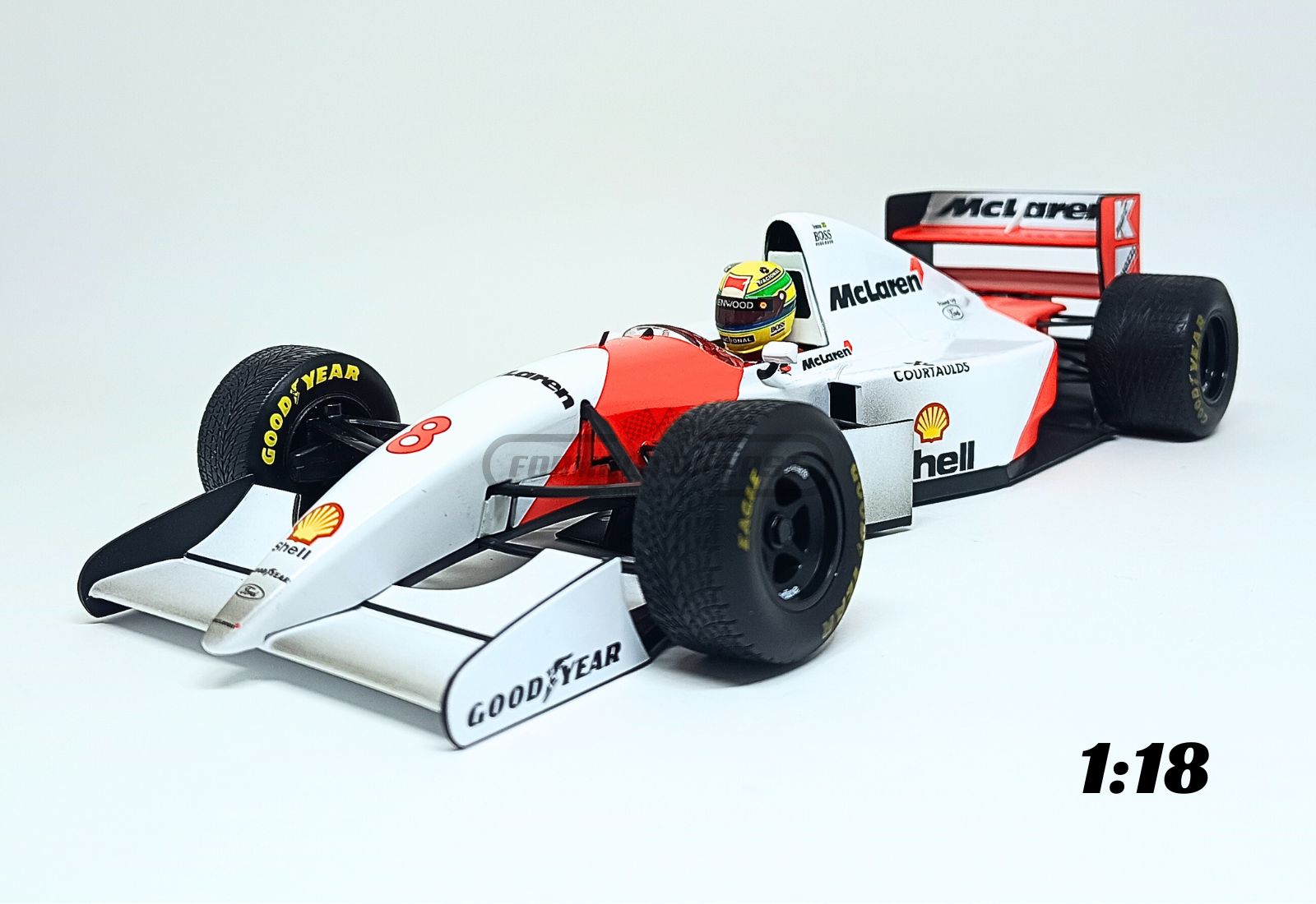 Miniatura de carro McLaren MP4/8 Ayrton Senna , vencedor GP Europa F1 1993, escala 1:18, marca Minichamps
