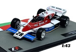 Miniatura de carro Penske PC4 #28 pilotado por John Watson, temporada F1 1976, escala 1:43, marca Altaya