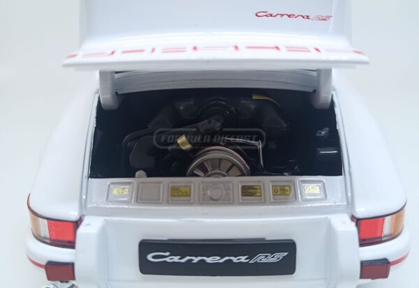 Miniatura de carro Porsche 911 Carrera RS 2.7 1973, cor Branco e Vermelho, escala 1:18, marca Welly