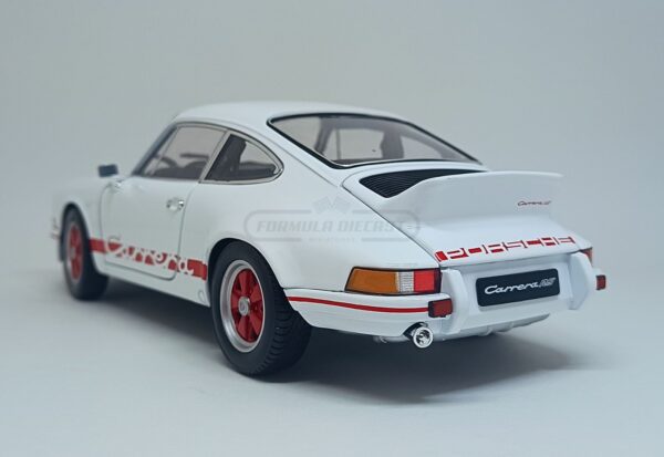Miniatura de carro Porsche 911 Carrera RS 2.7 1973, cor Branco e Vermelho, escala 1:18, marca Welly