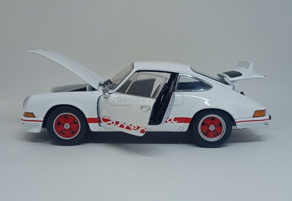 Miniatura de carro Porsche 911 Carrera RS 2.7 1973, cor Branco e Vermelho, escala 1:18, marca Welly