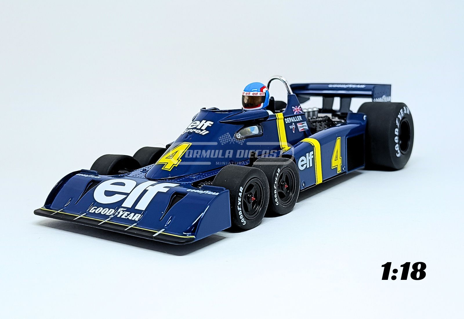 Miniatura de carro Tyrrell P34-2 #4 P. Depailler, 2º lugar GP Suécia F1 1976, escala 1:18, marca MCG