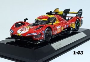 Miniatura de carro Ferrari 499P #50, pilotado por A. Fuoco/M.Molina/N. Nielsen, vencedor das 24h Le Mans 2024, escala 1:43, marca Bburago