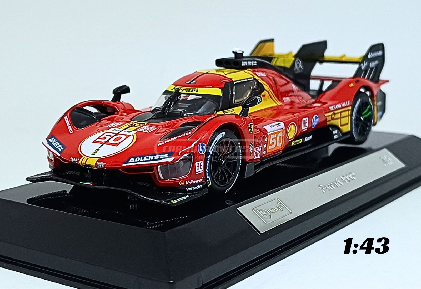 Miniatura de carro Ferrari 499P #50, pilotado por A. Fuoco/M.Molina/N. Nielsen, vencedor das 24h Le Mans 2024, escala 1:43, marca Bburago