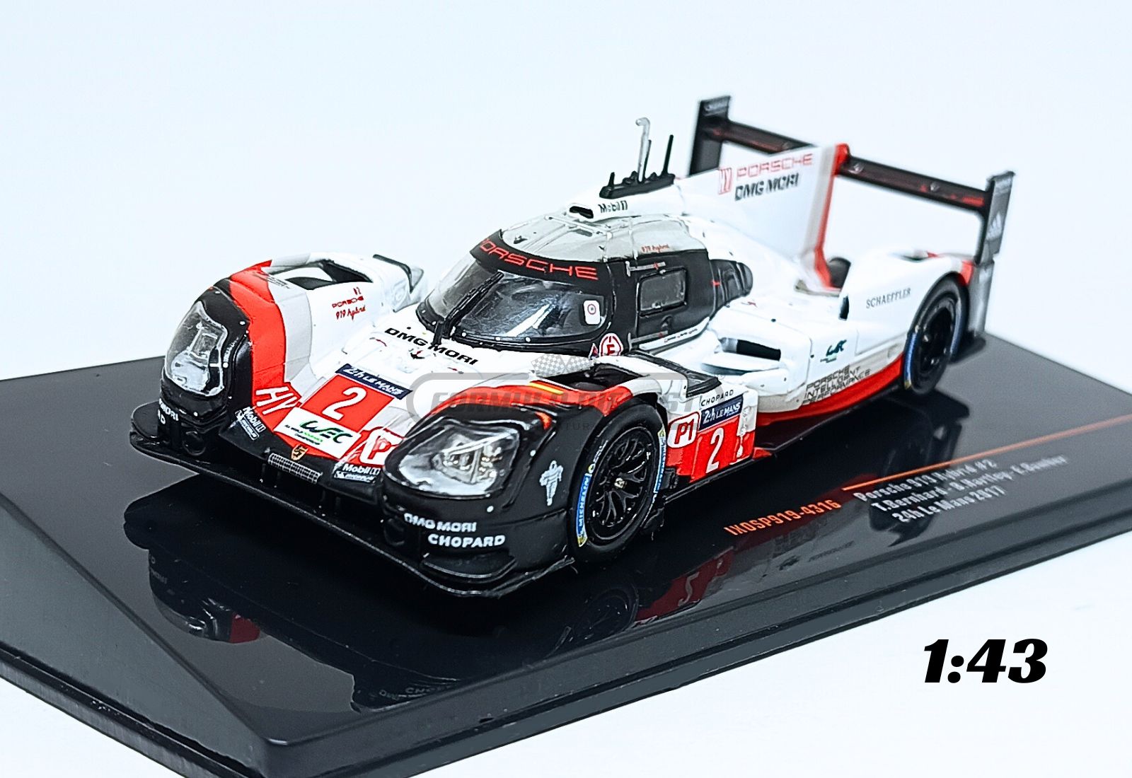 Miniatura de carro Porsche 919 Hybrid #2 pilotado por Bernhard, Hartley e Bamber, vencedor das 24h Le Mans 2017, escala 1:43, marca IXO