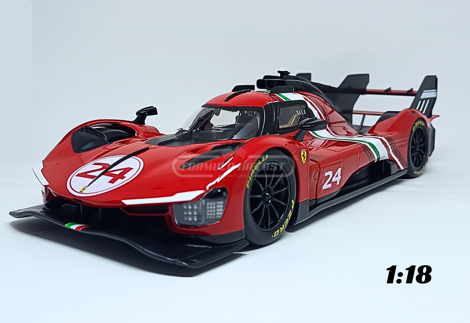 Miniatura de carro Ferrari 499P Modificata 2024, cor vermelha, escala 1:18, marca Bburago