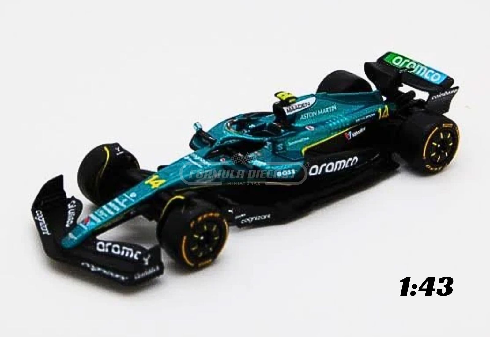 Miniatura de carro Aston Martin AMR25 #14 F. Alonso, F1 2025, escala 1:43, marca Bburago