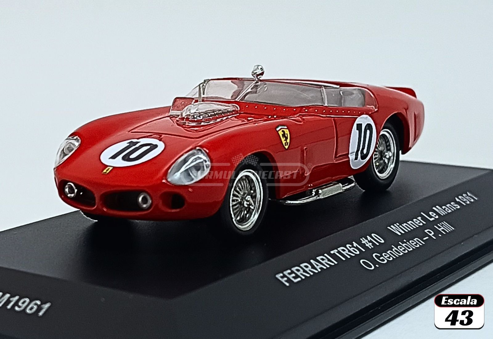Miniatura de carro Ferrari 250 TRI/61 #10 Gendebien/Hill, vencedor das 24h de Le Mans 1961, escala 1:43, marca IXO